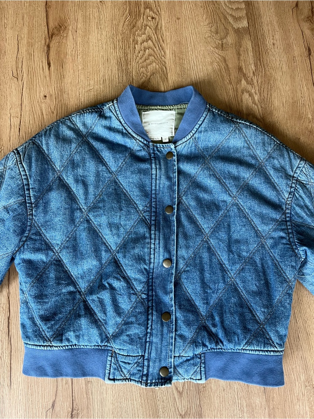Anthropologie Quilted Denim Bomber Jacket Blue Bandana Trim Size S